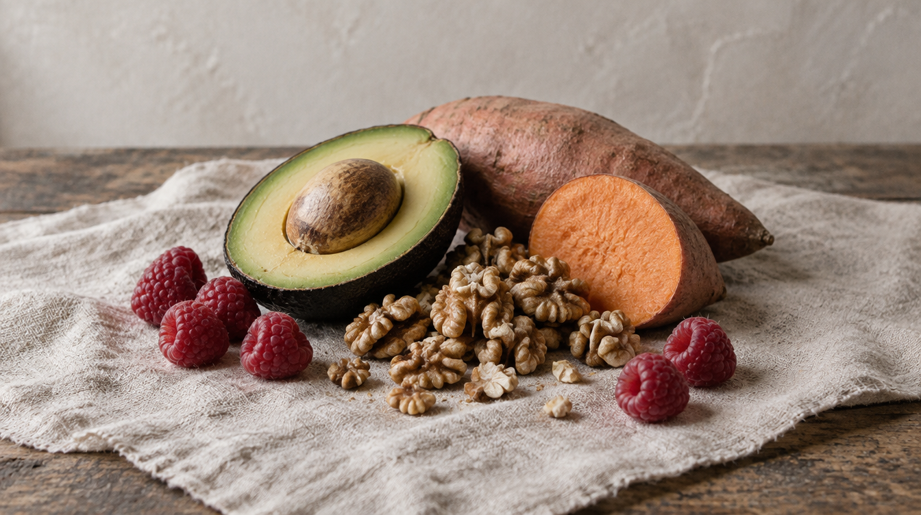 A halved avocado, sweet potato, walnuts and raspberries on linen