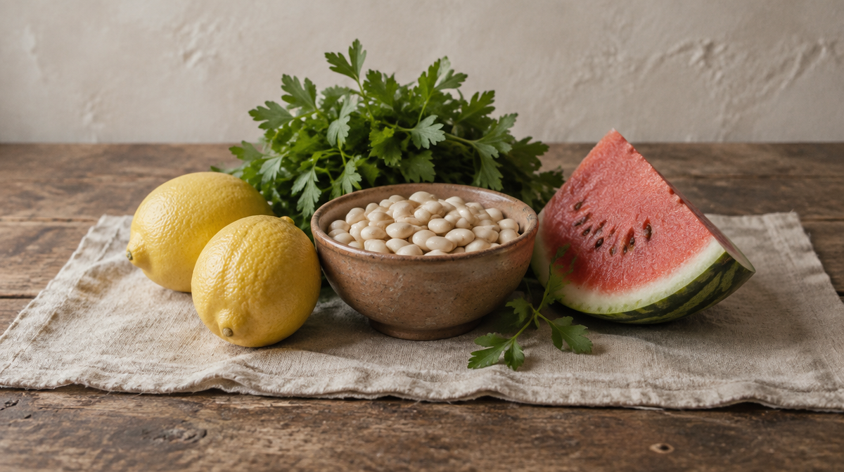 Lemons, white beans, flat-leaf parsley and a wedge of watermelon