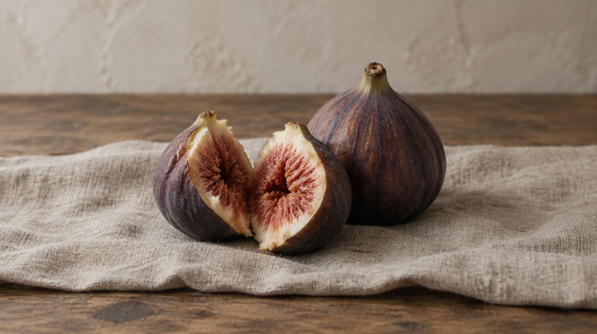 A fresh fig torn open to show its fibrous interior, beside a whole fig