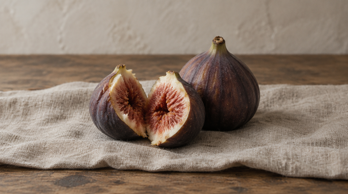 A fresh fig torn open to show its fibrous interior, beside a whole fig