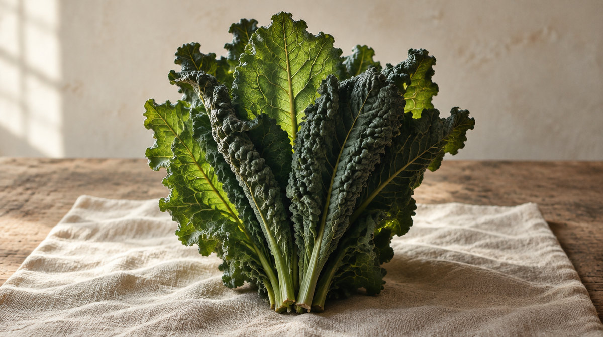 Dark green kale leaves backlit so the veining shows through