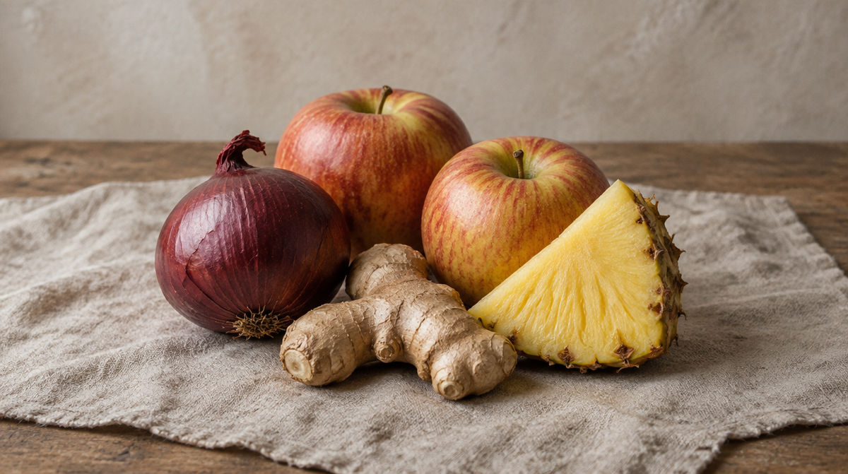 A red onion, apples, fresh pineapple and ginger root on linen
