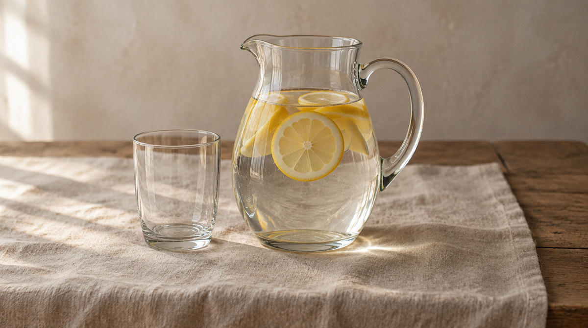 A glass pitcher of lemon water beside an empty glass, light through the water