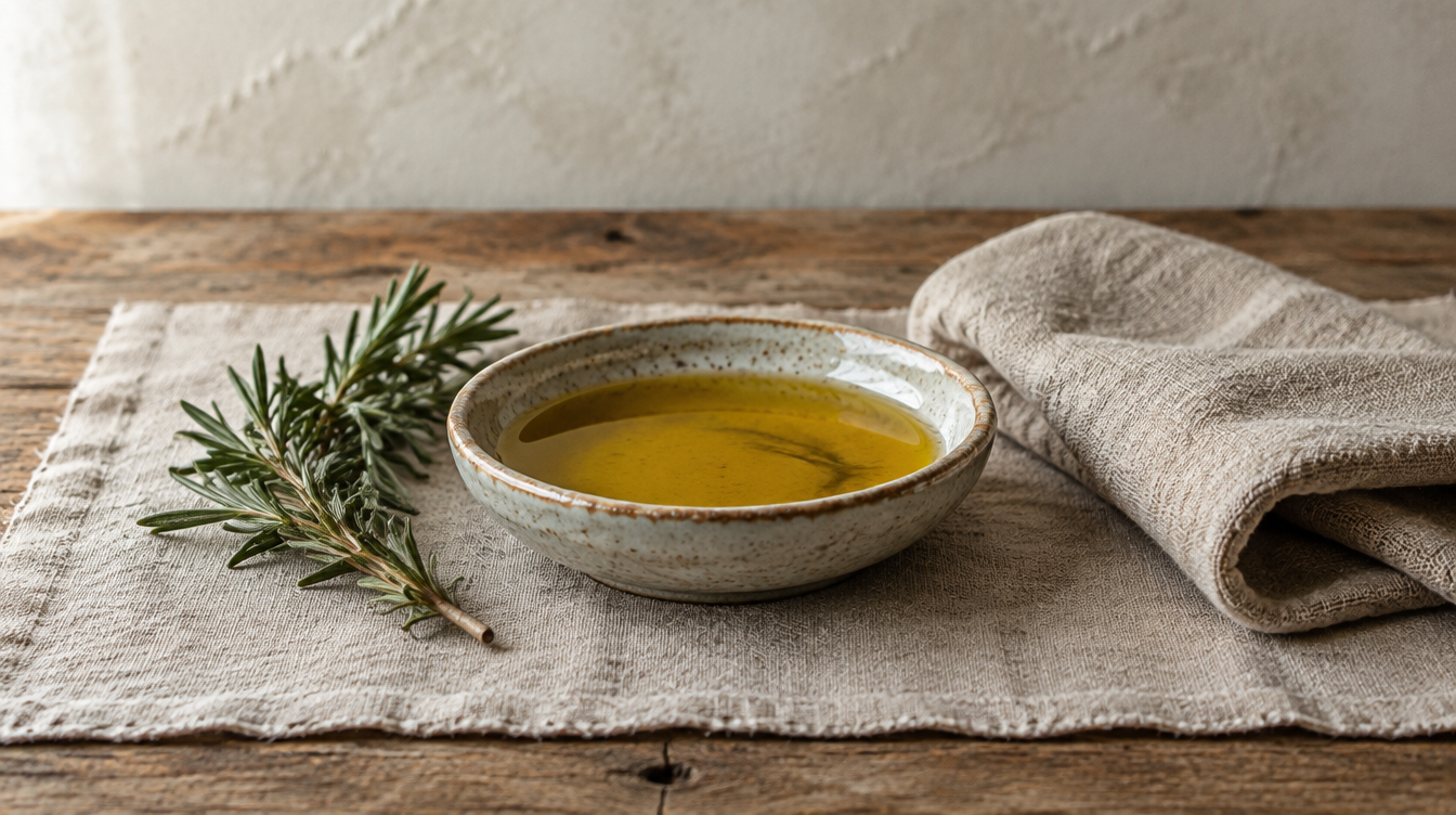 A shallow dish of golden olive oil with a sprig of rosemary and folded linen