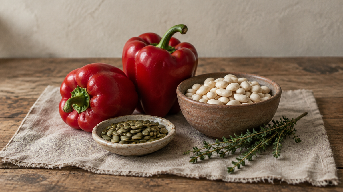 Red peppers, pumpkin seeds, white beans and thyme on linen