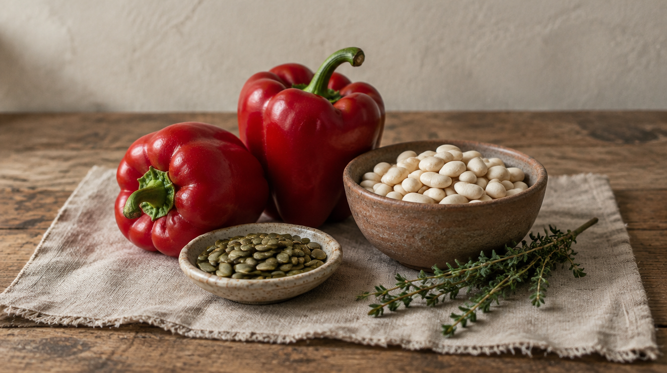 Red peppers, pumpkin seeds, white beans and thyme on linen