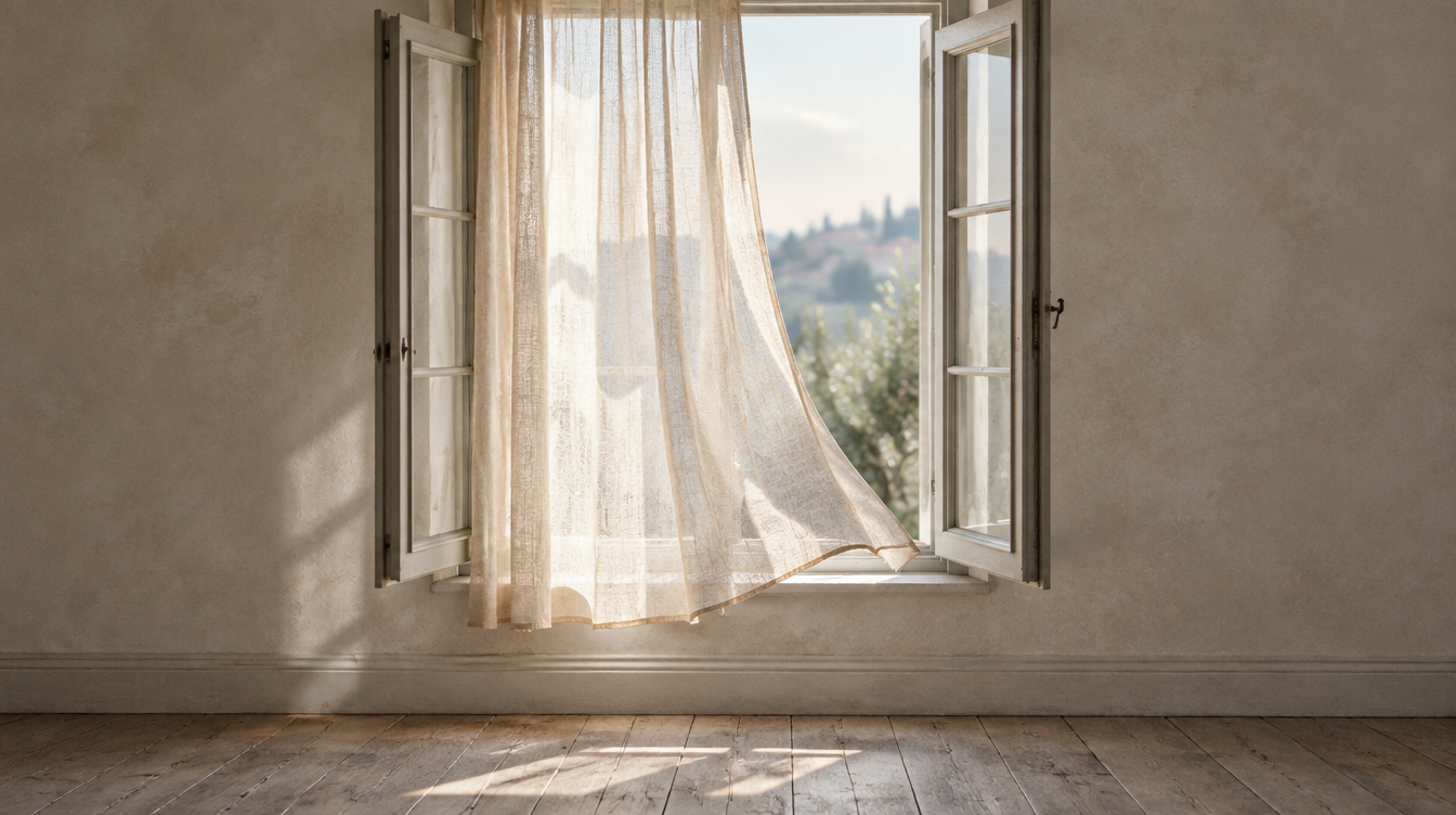 An open casement window with a sheer linen curtain lifting in morning light
