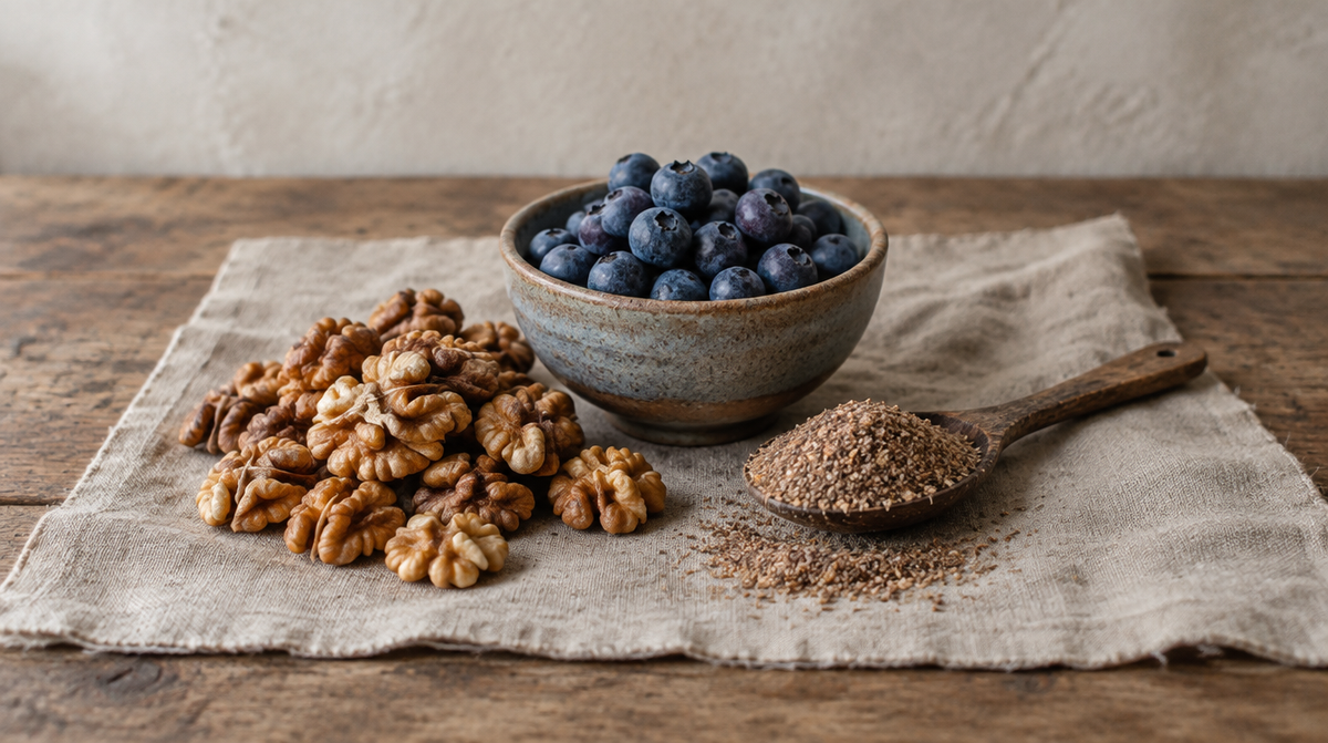 Walnut halves, a bowl of blueberries and a spoon of ground flaxseed