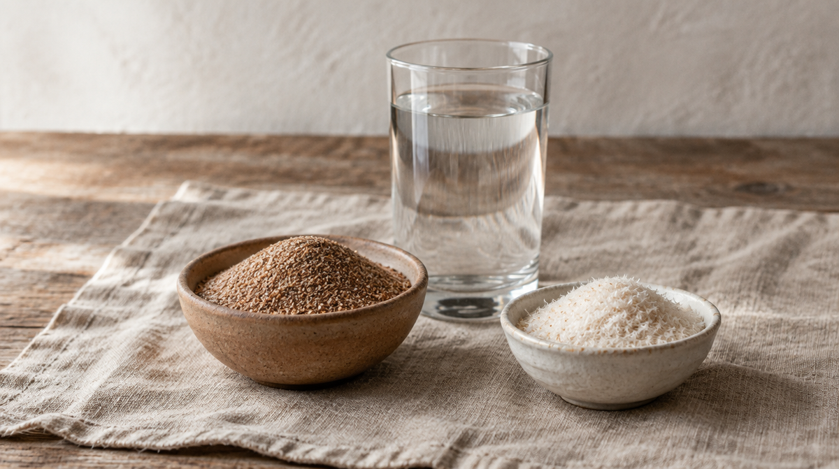 A bowl of ground flaxseed and psyllium husk beside a tall glass of water