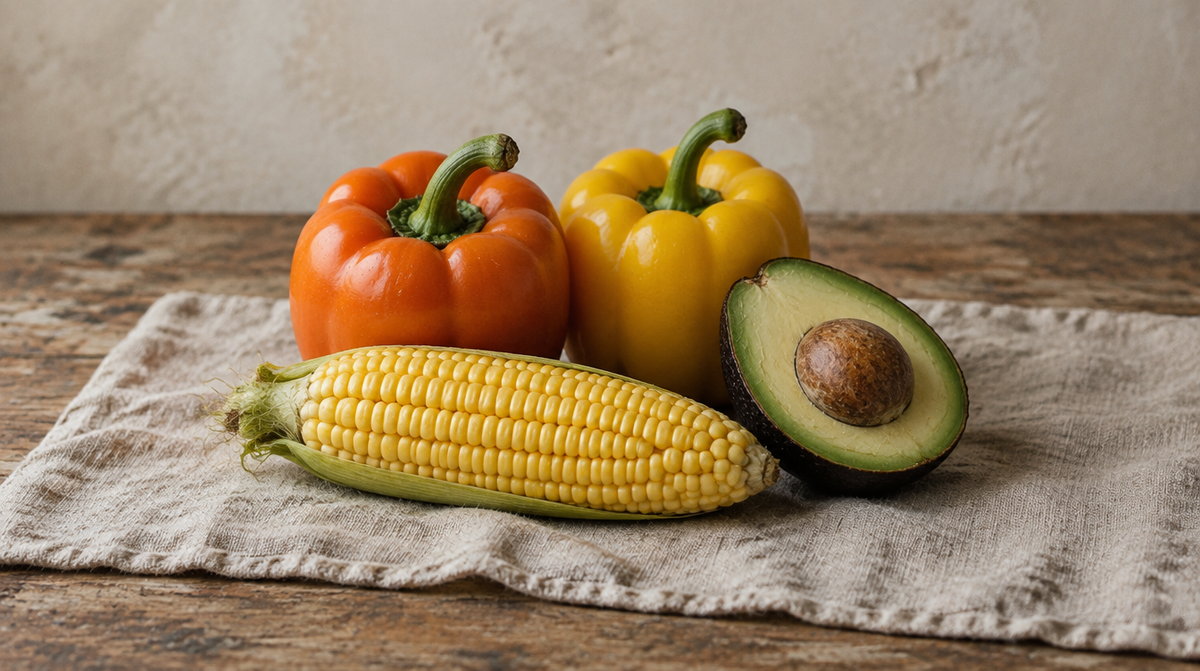 Orange and yellow peppers, sweetcorn and a halved avocado on linen