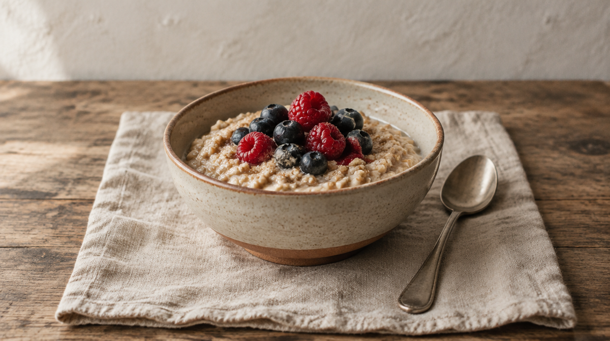 A bowl of steel-cut oats topped with berries, a spoon beside it