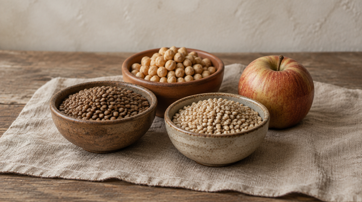 Bowls of lentils, chickpeas and whole barley beside an apple