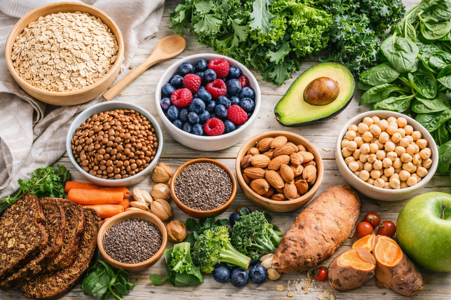 Overhead view of high-fiber plant foods including oats, berries, lentils, avocado, leafy greens, and nuts arranged on a kitchen table.