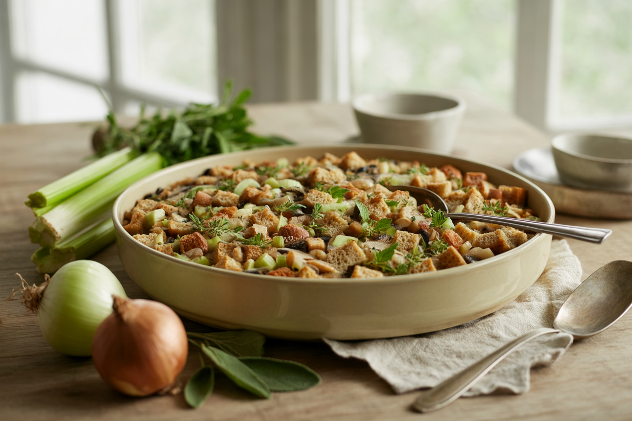 Holiday bread dressing with celery, onion and mushrooms