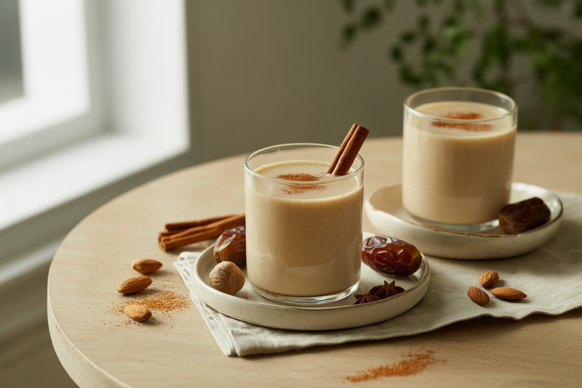 Holiday eggnog made with almond milk and dates, dusted with nutmeg