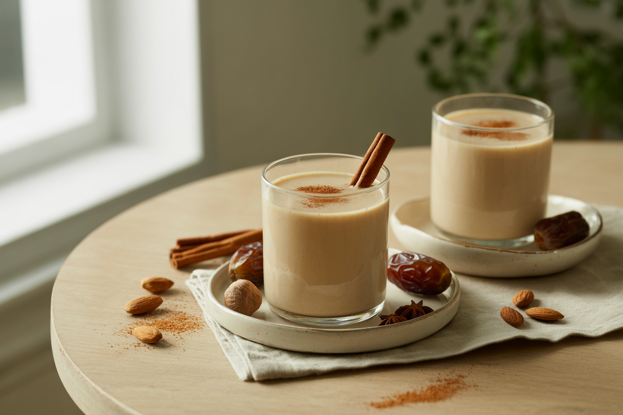 Holiday eggnog made with almond milk and dates, dusted with nutmeg