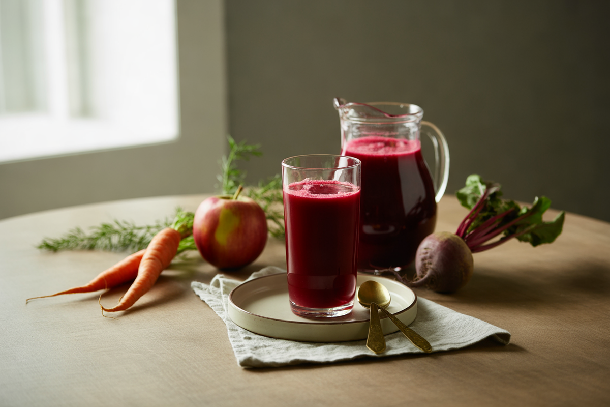 Holiday juice made from carrots, apples and beets
