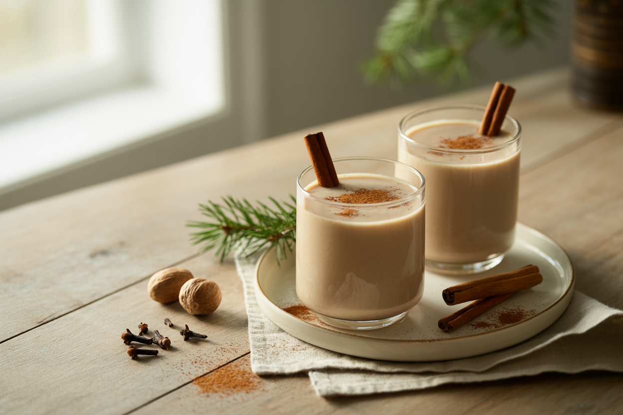 Holiday almond milk nog with nutmeg and cinnamon sticks