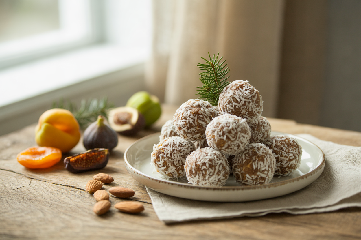 Holiday snow balls made from almonds and dried fruit rolled in coconut