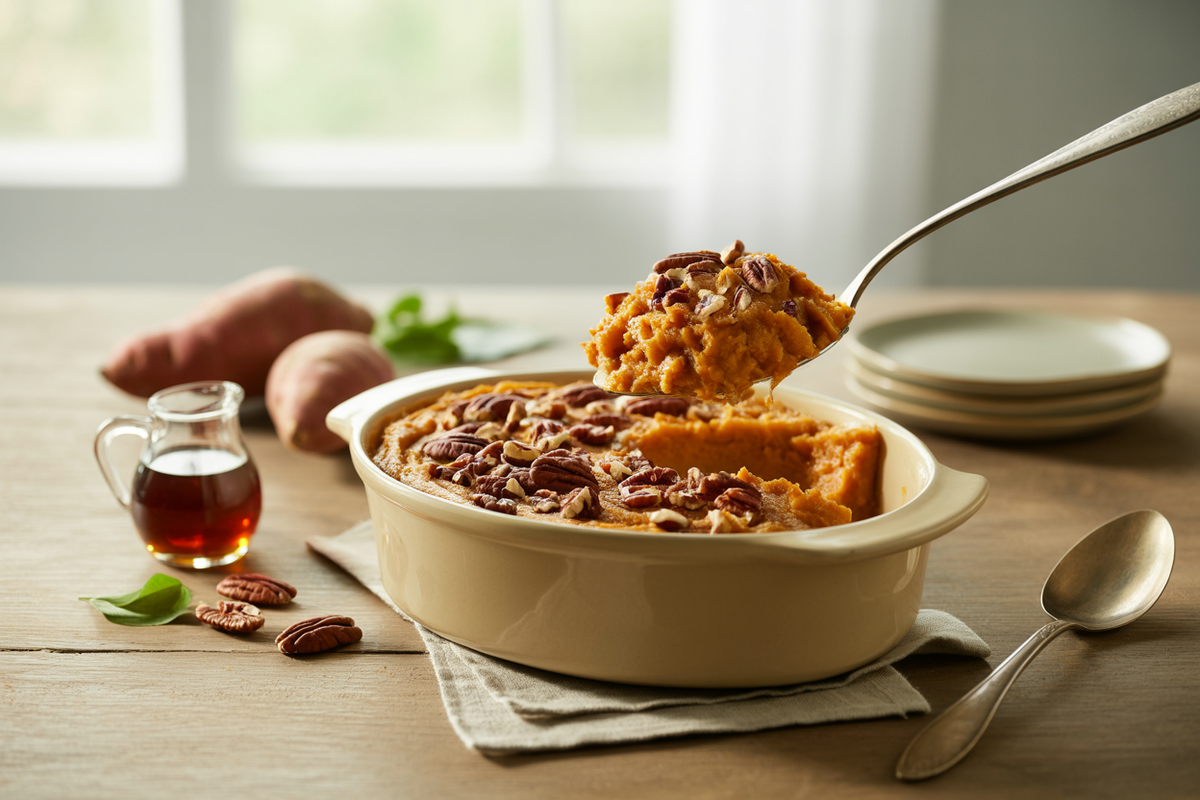 Sweet potato casserole with a maple pecan topping