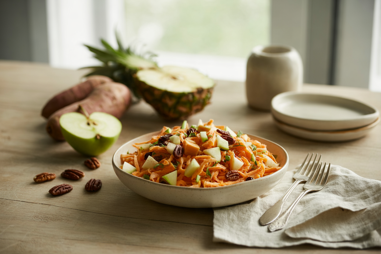 Sweet potato slaw with pineapple, apple and pecans