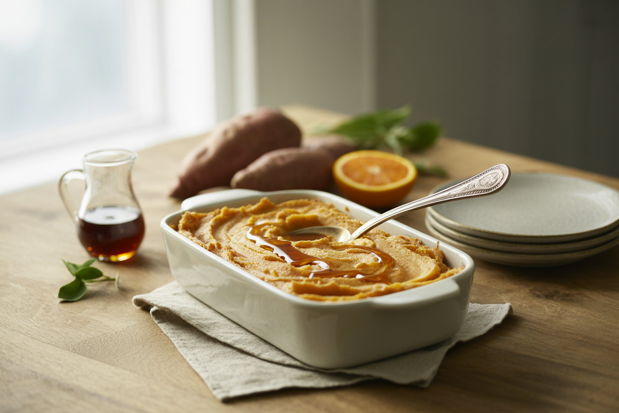 Holiday sweet potato souffle in a white casserole dish with orange and maple syrup
