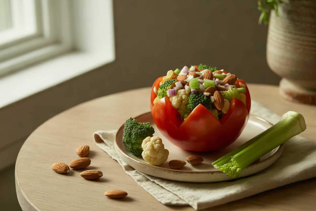Tomato rosette filled with chopped raw vegetables and nuts