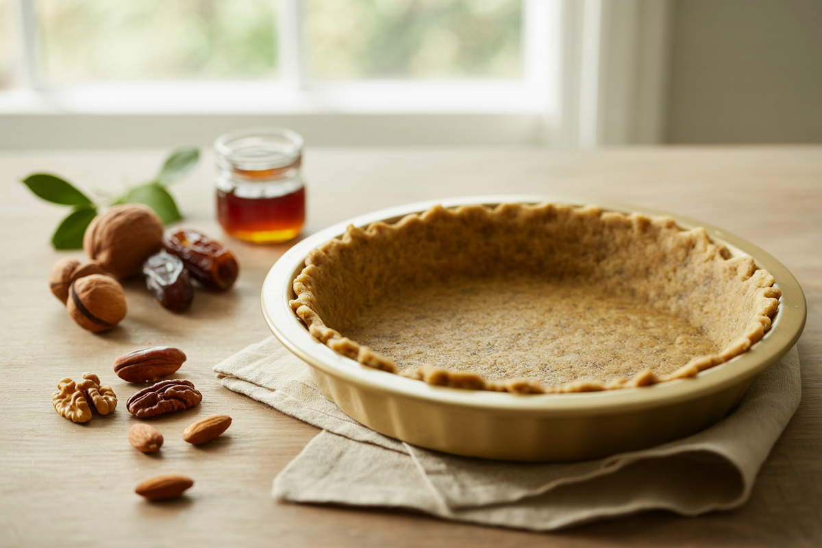 Raw honey, nut and date pie crust pressed into a pie plate
