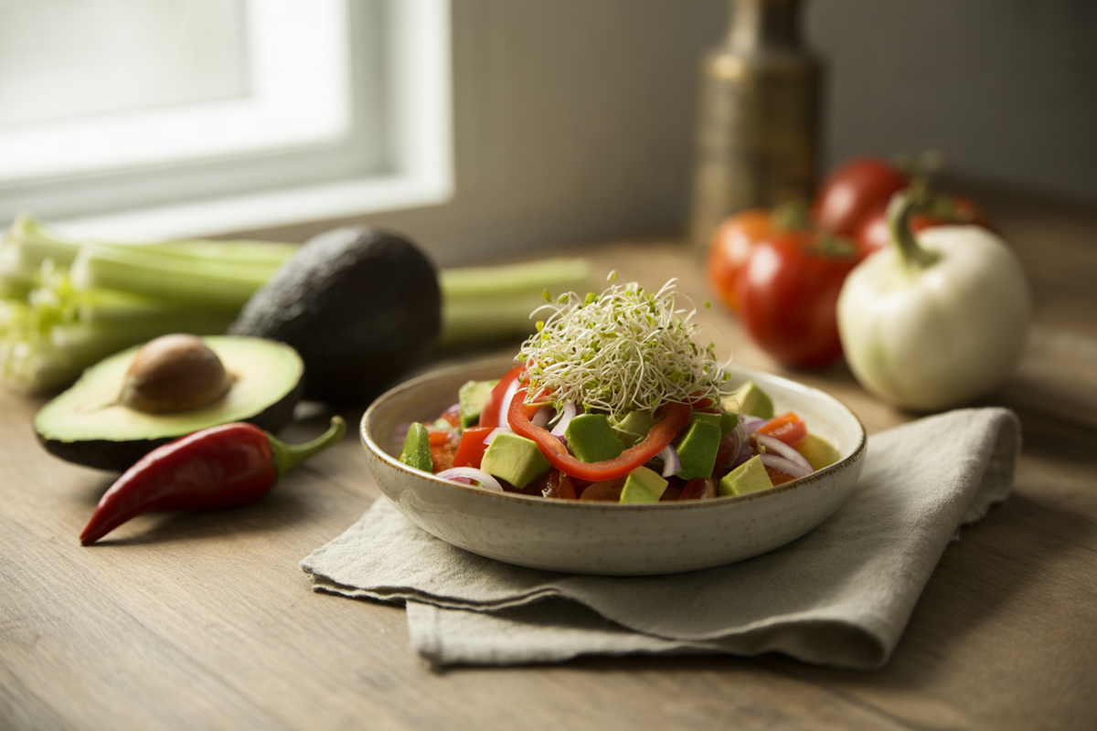Spicy tomato avocado salad with alfalfa sprouts