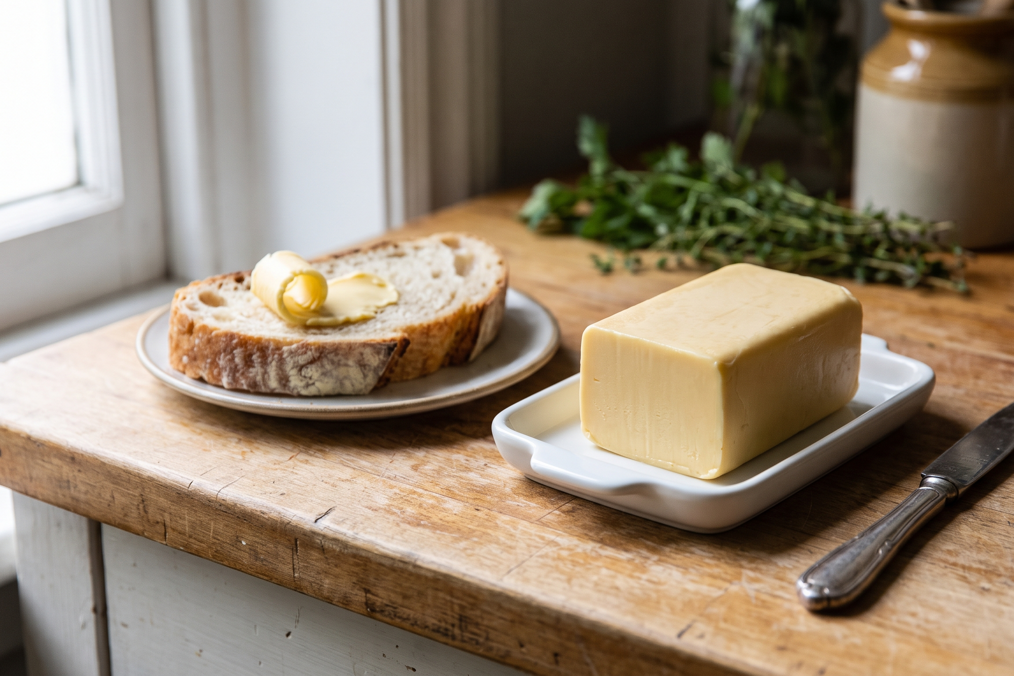 Block of homemade plant butter in a white dish with a knife and a slice of bread