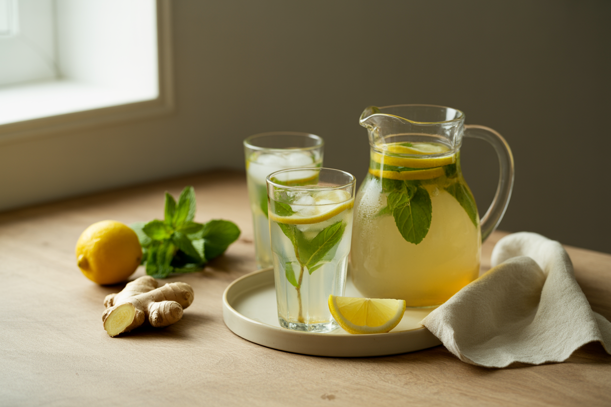 Iced ginger mint green tea with lemon slices and fresh mint