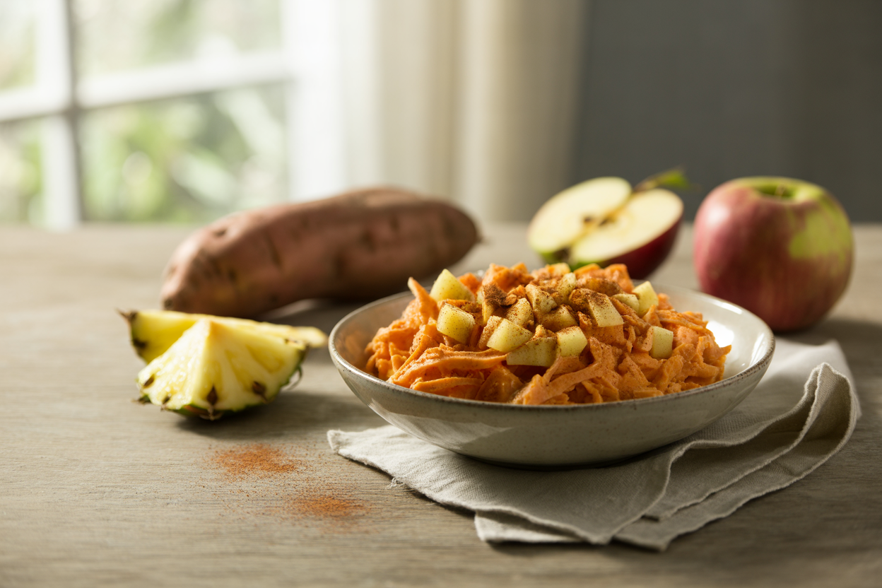 Raw sweet potato salad with apple, pineapple and cinnamon