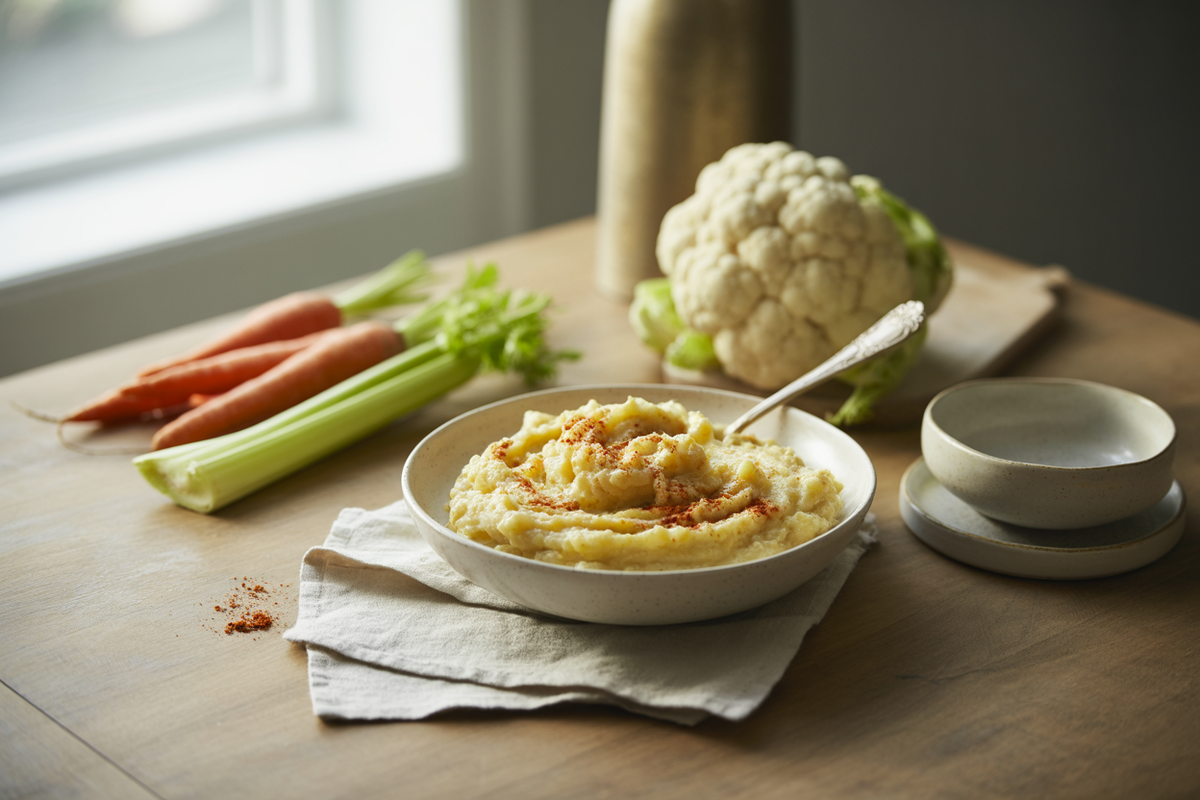 Mashed cauliflower with carrots in a white bowl with a dusting of paprika
