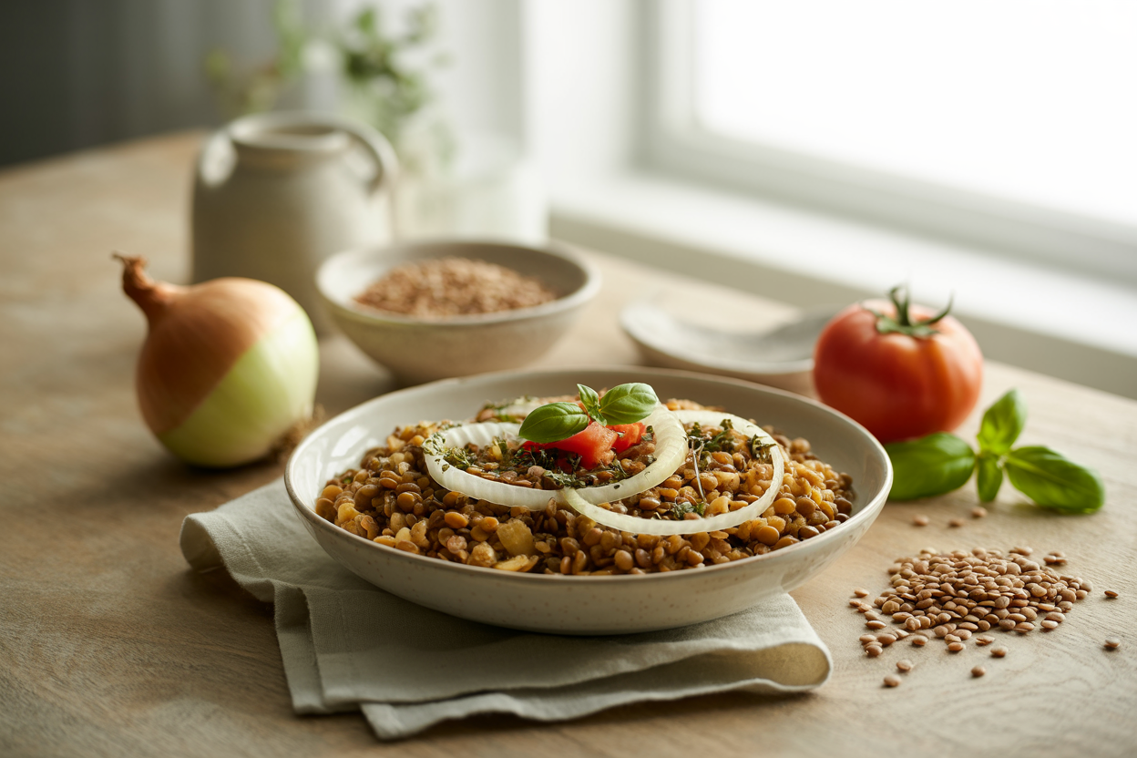 Italian-style lentils and brown rice with onions, tomato and basil