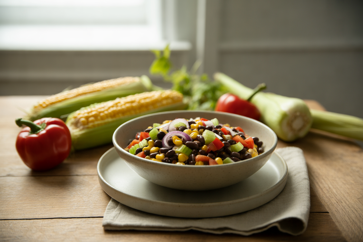 Black bean salad with corn, tomato and red pepper