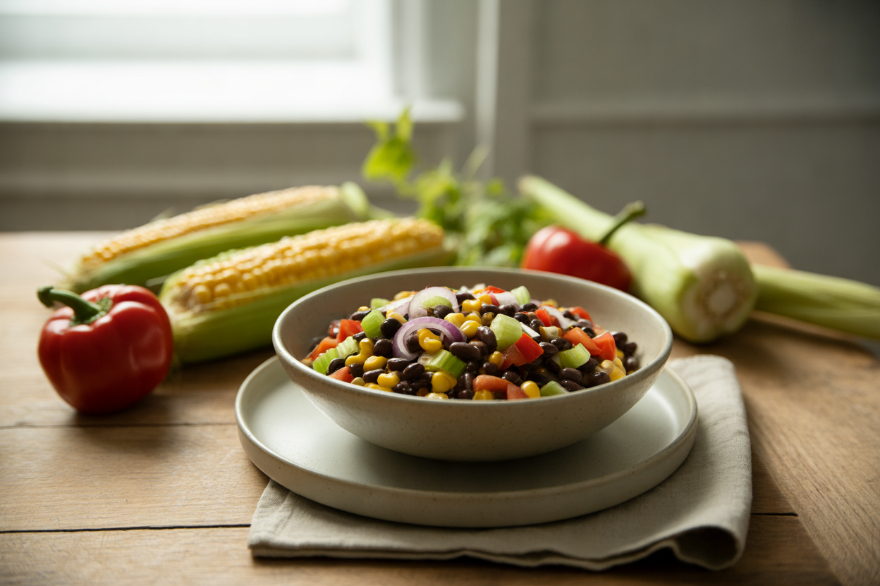 Black bean salad with corn, tomato and red pepper