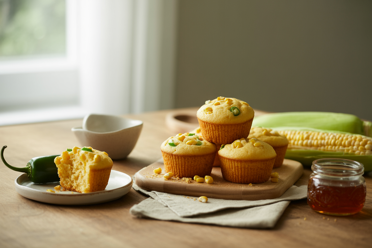 Jalapeno cornbread muffins with corn kernels, one broken open