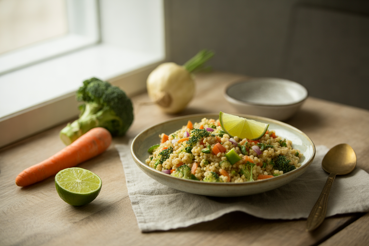 Herbed couscous with chopped raw vegetables and lime