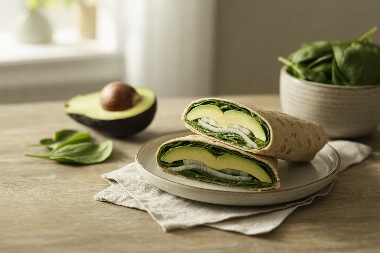 Veggie tortilla wrap with avocado, sweet onion and spinach