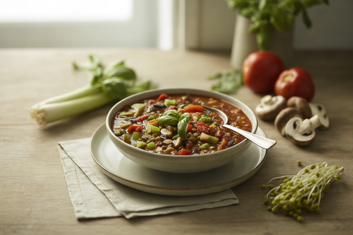 Raw chili with mushrooms, tomatoes and sprouted lentils