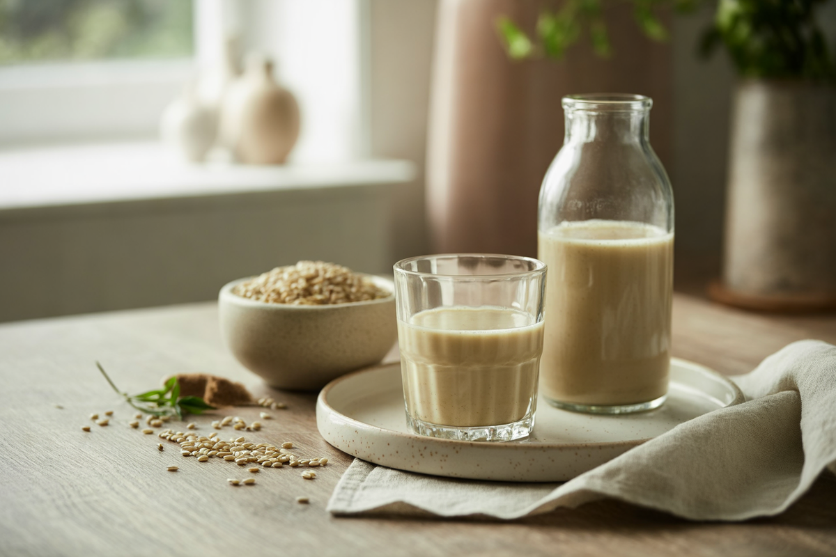Homemade raw brown rice milk with brown rice grains