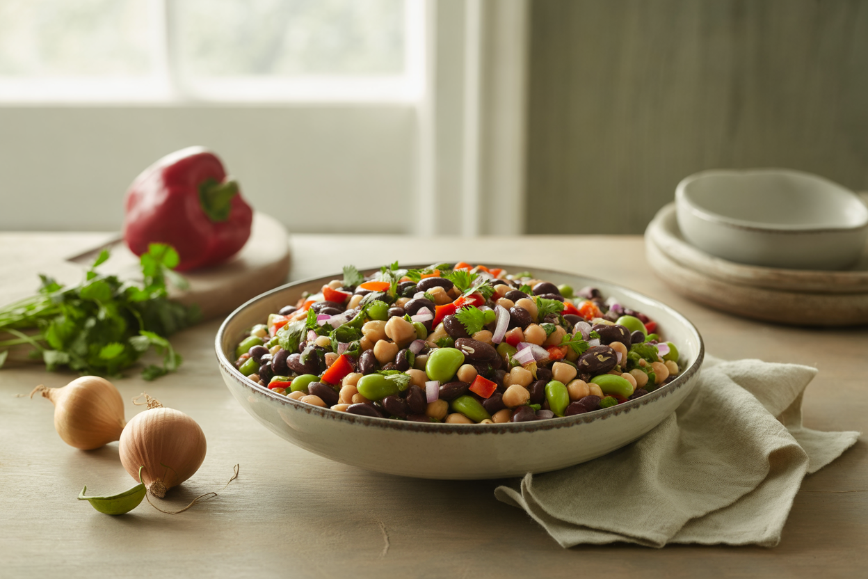 Five-bean salad with peppers, onion and cilantro