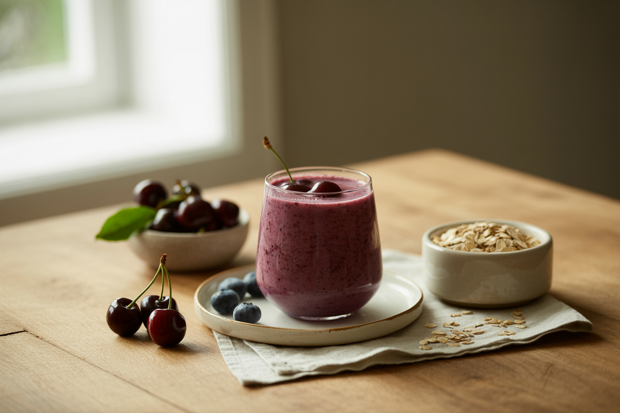 Berry Breeze smoothie with blueberries, cherries and oats
