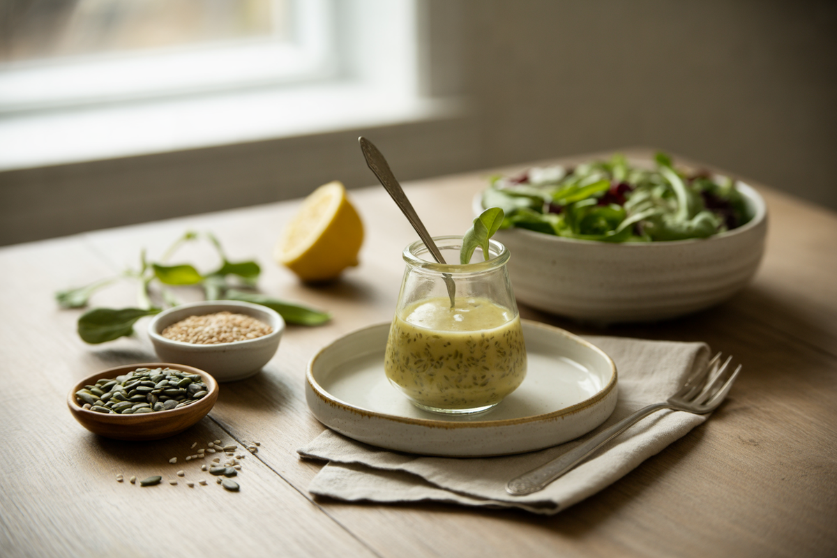 Seed-based salad dressing with pumpkin and sunflower seeds