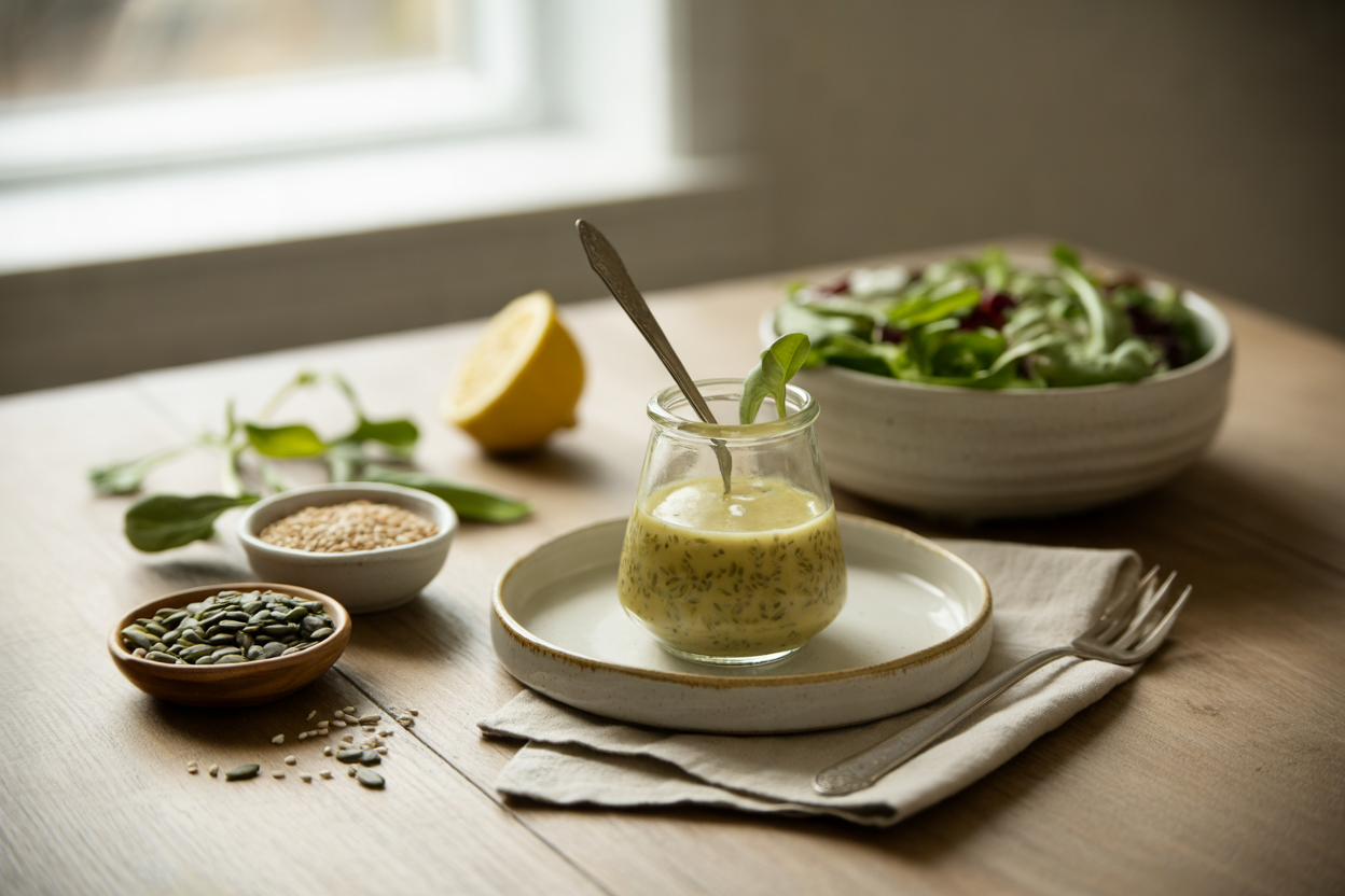Seed-based salad dressing with pumpkin and sunflower seeds