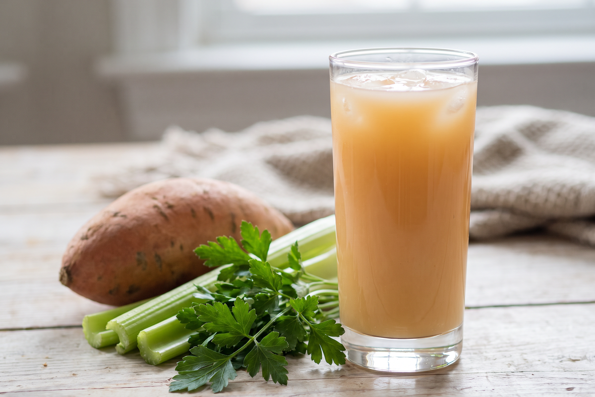 Glass of fresh sweet potato vegetable juice with a sweet potato, celery and parsley