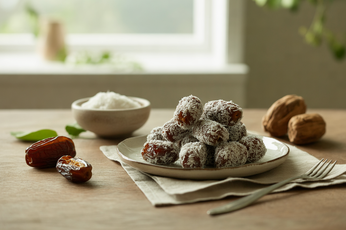 Dates rolled in shredded coconut