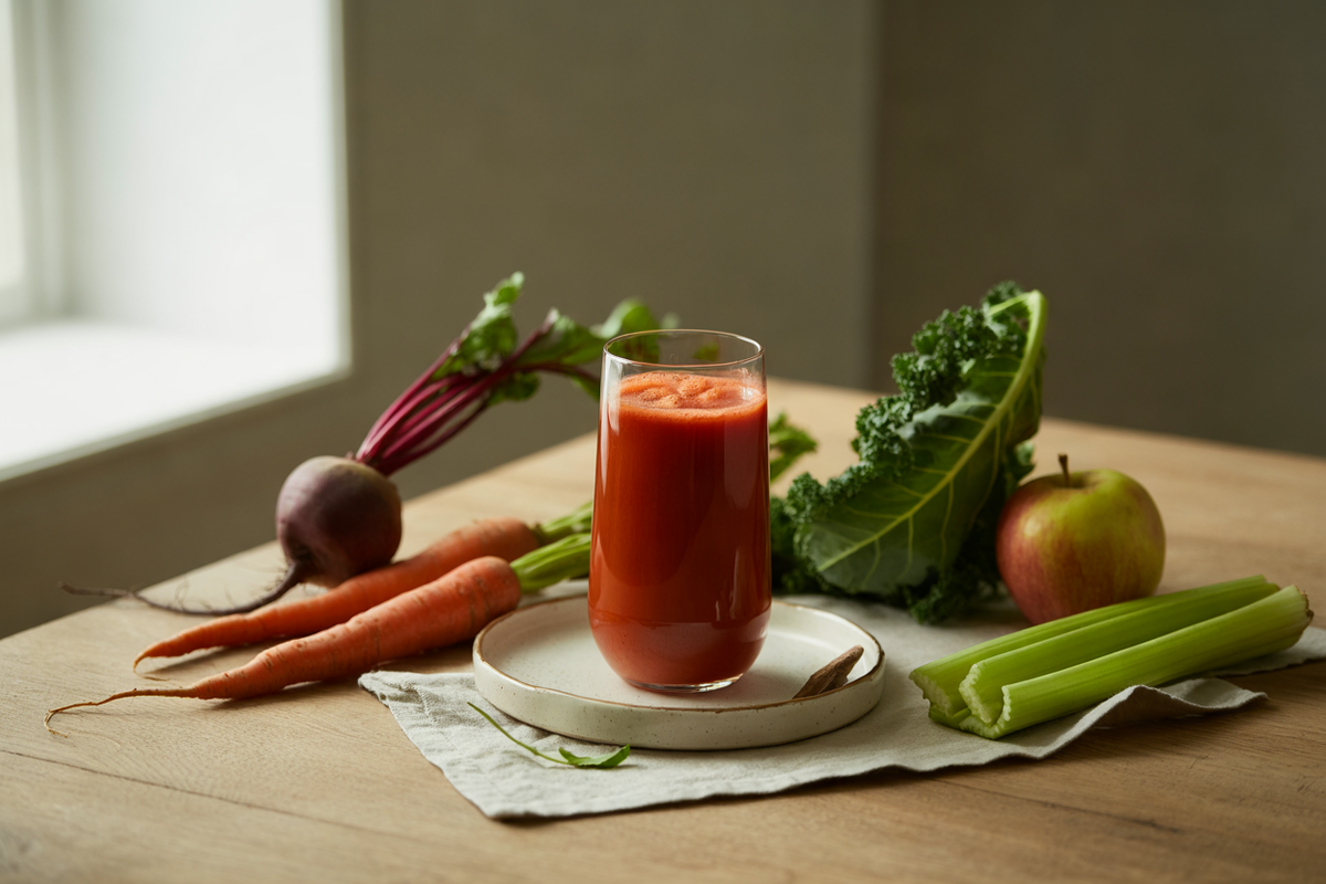 Everyday juice with carrots, beet, kale, celery and apple