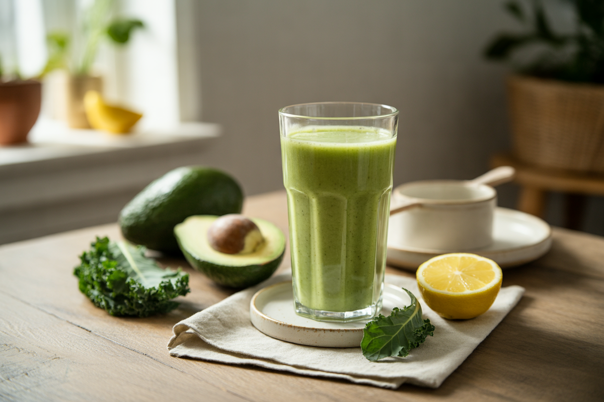 Kale avocado lemon green smoothie with banana