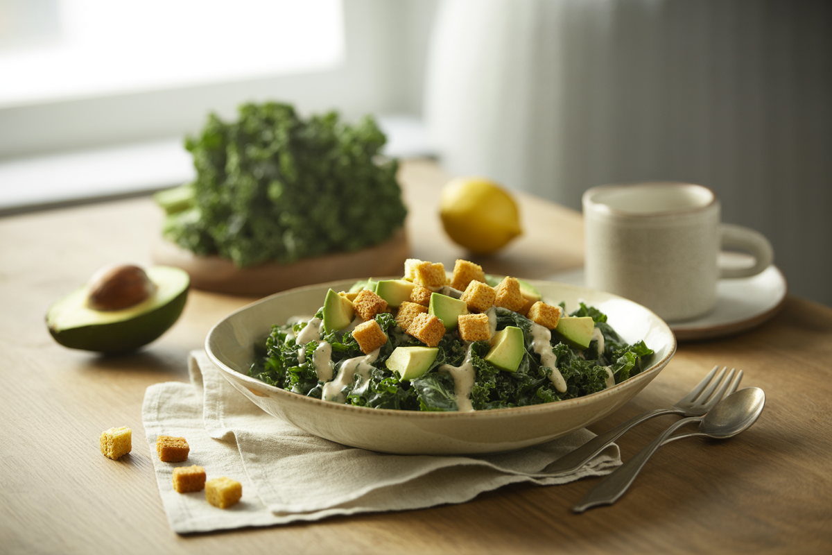 Kale Caesar salad with cornbread croutons and avocado